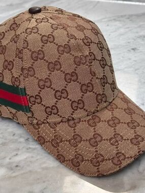 Gucci Brown GG Monogram Baseball Cap with Green-Red Stripe